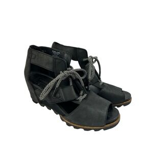 Sorel Black Gladiator Wedge Strappy Lace Up Peep Toe Sandals Size 10